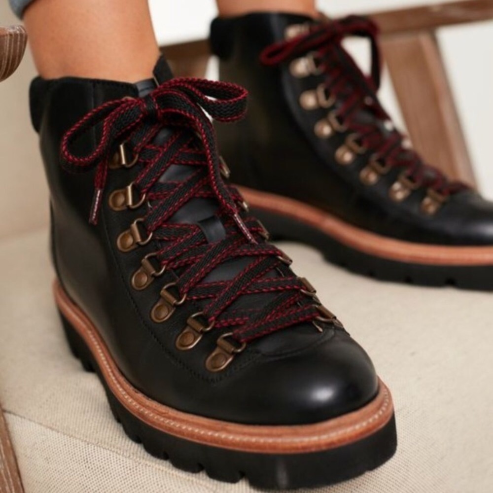 NWOB Joules Black Croc-Embossed Leather Montrose Lace-Up Ankle